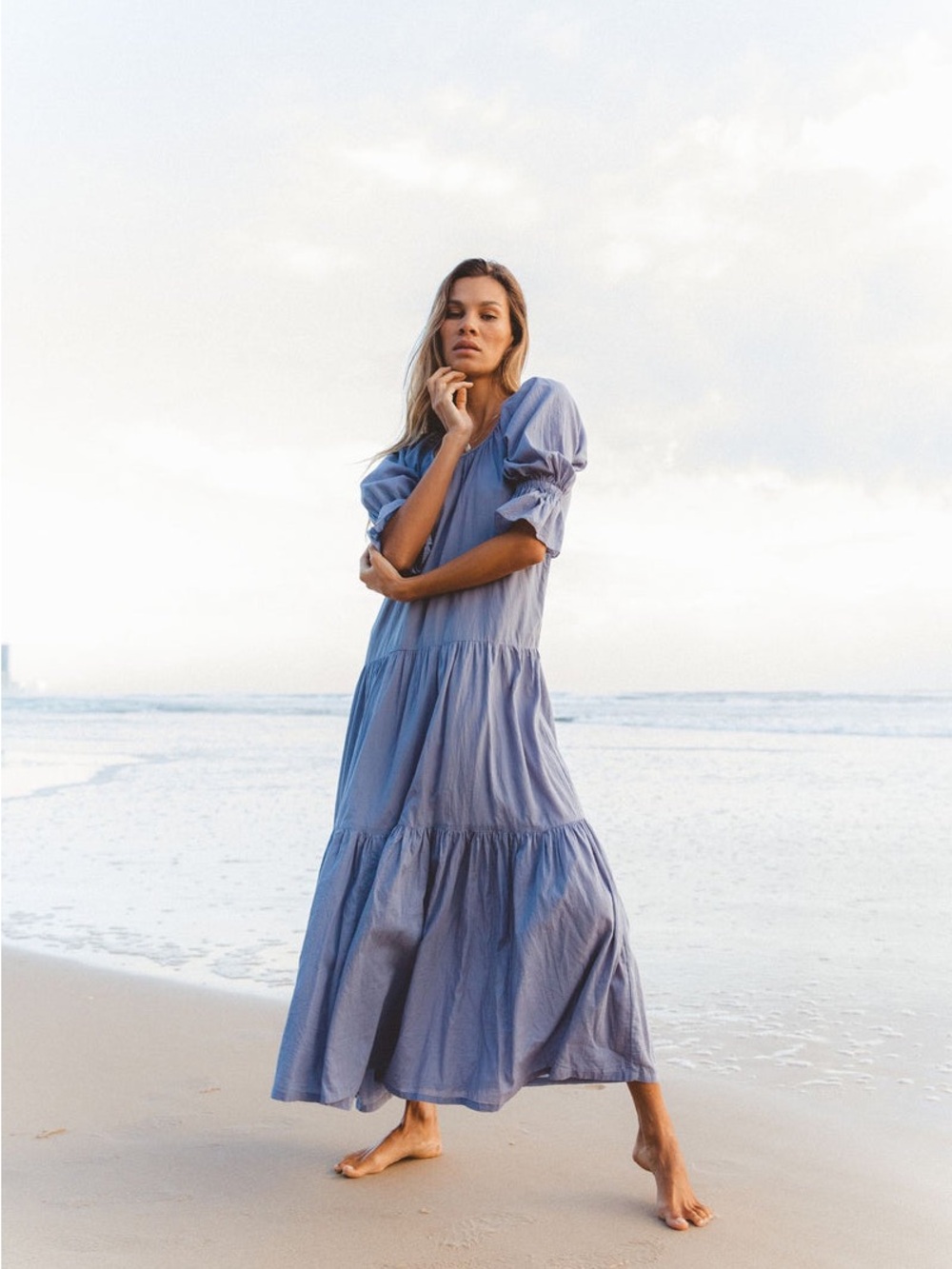 Daughters of India Sahana Gown in Blue Lagoon Dusty Blue Tiered Maxi Dress M